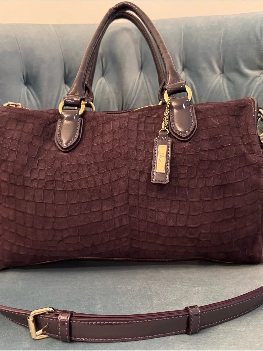 Cole Haan Plum Croc-Embossed Satchel with Detachable Strap